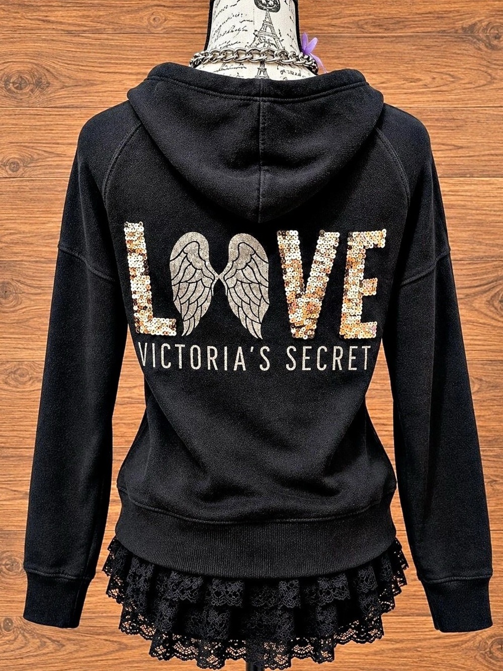 Victoria's Secret Supermodel Essentials Sequin Angel Wing Zip Hoodie Black
